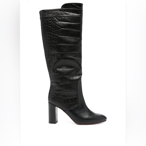 Chie Mihara Shoes - Chie Mihara leather Black Croc-Embossed Knee high Block Heel Boots